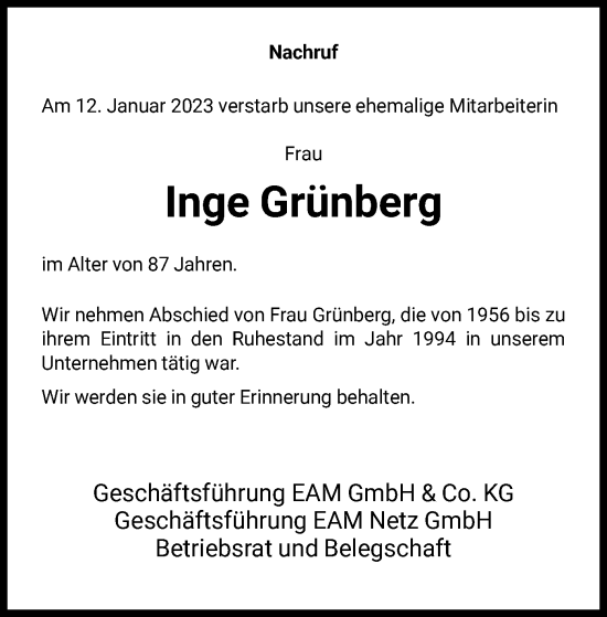 Todesanzeige von Inge Grünberg von HNA