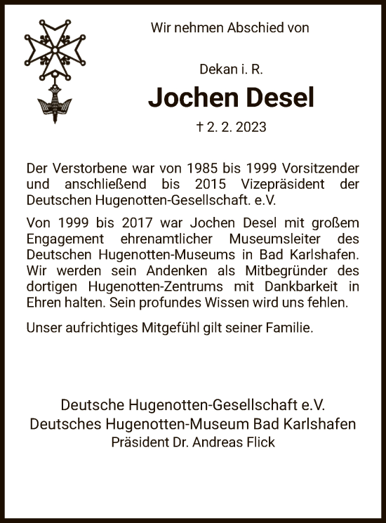 Todesanzeige von Jochen Desel von HNA