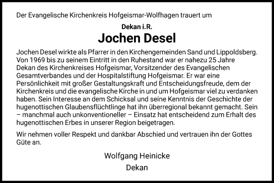 Todesanzeige von Jochen Desel von HNA