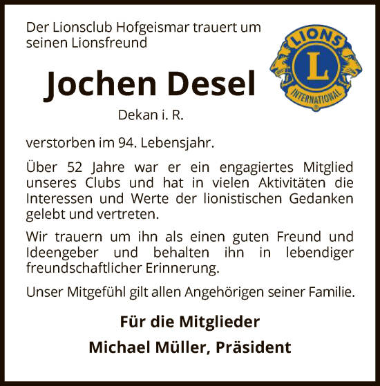 Todesanzeige von Jochen Desel von HNA