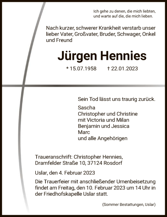 Todesanzeige von Jürgen Hennies von HNA