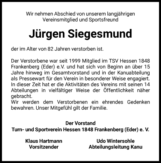 Todesanzeige von Jürgen Siegesmund von HNA
