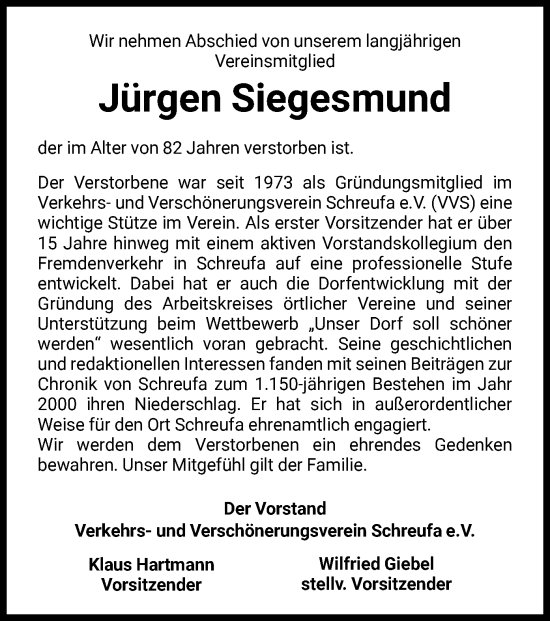 Todesanzeige von Jürgen Siegesmund von HNA
