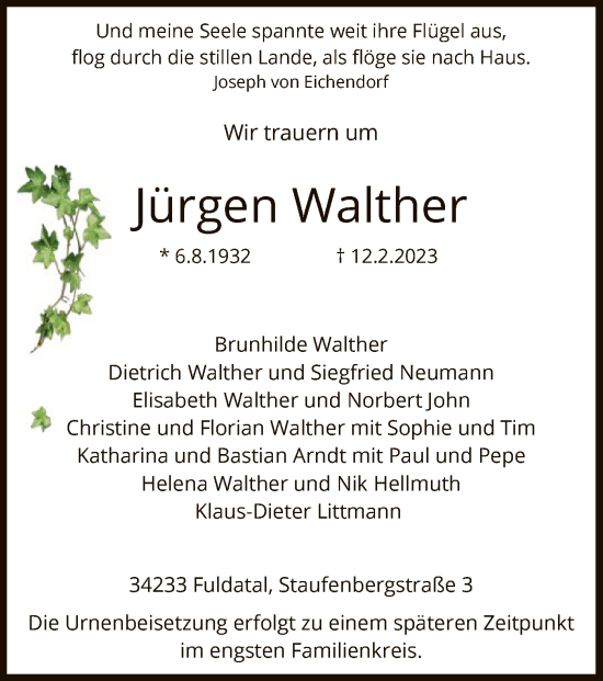 Todesanzeige von Jürgen Walther von HNA