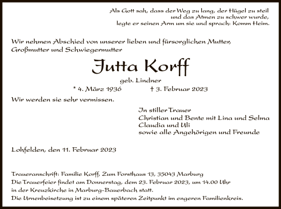 Todesanzeige von Jutta Korff von HNA
