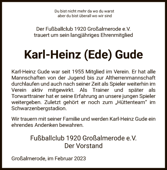 Todesanzeige von Karl-Heinz  Gude von HNA