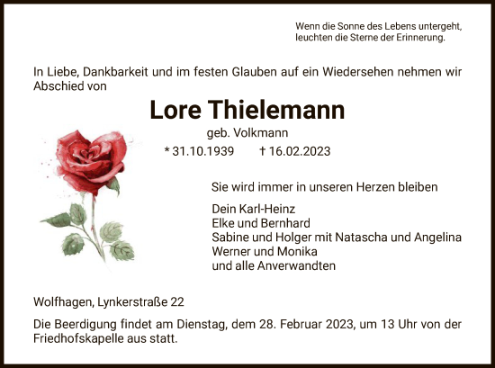 Todesanzeige von Lore Thielemann von HNA