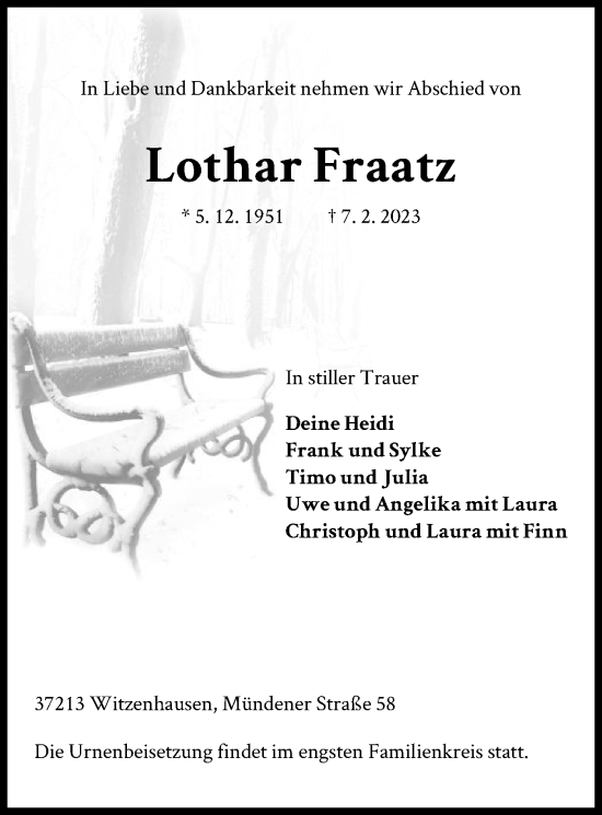 Todesanzeige von Lothar Fraatz von HNA