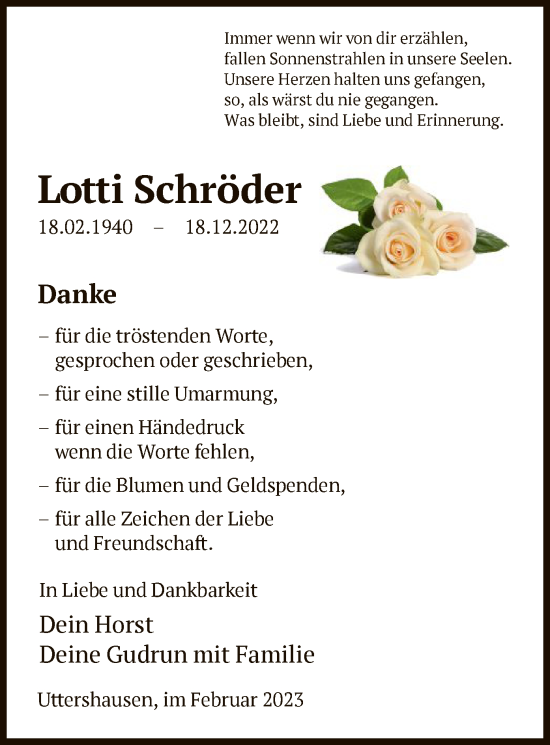 Todesanzeige von Lotti Schröder von HNA
