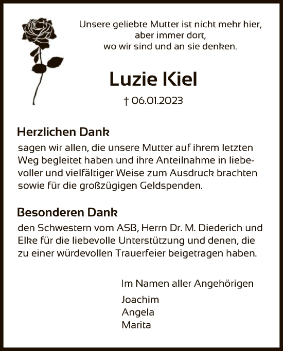 Todesanzeige von Luzie Kiel von HNA