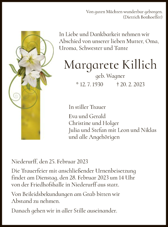 Todesanzeige von Margarete Killich von HNA