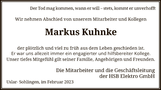 Todesanzeige von Markus Kuhnke von HNA