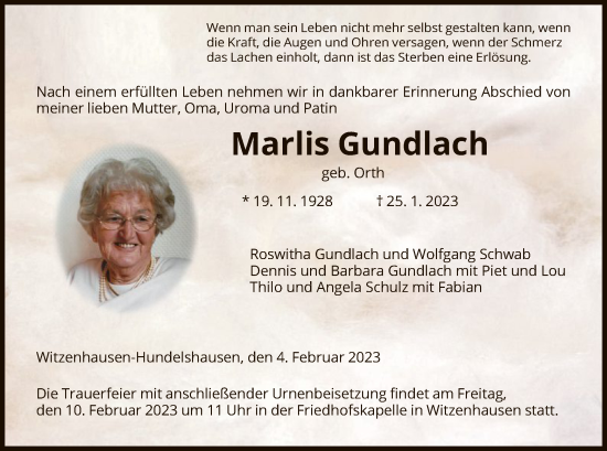 Todesanzeige von Marlis Gundlach von HNA