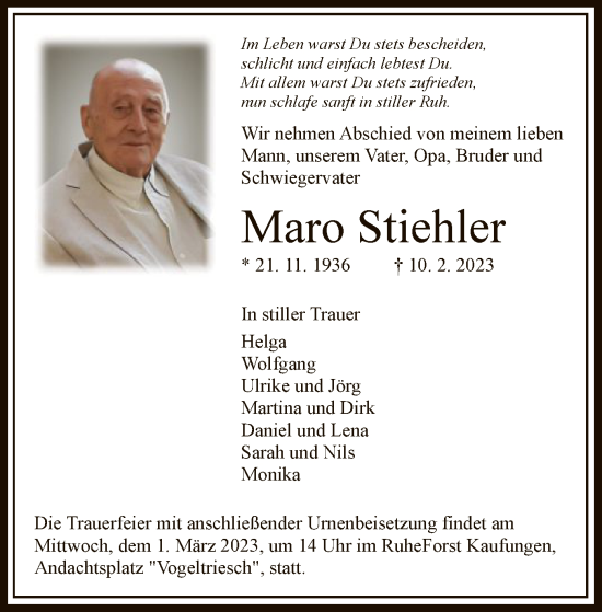 Todesanzeige von Maro Stiehler von HNA