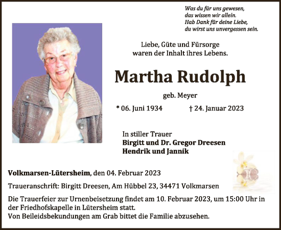 Todesanzeige von Martha Rudolph von HNA