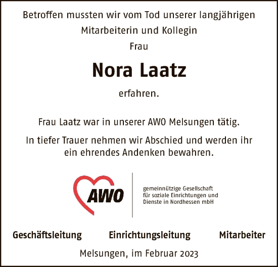 Todesanzeige von Nora Laatz von HNA