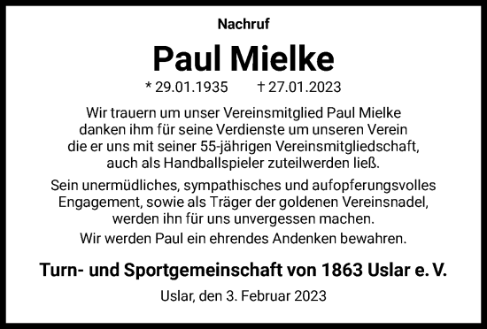 Todesanzeige von Paul Mielke von HNA