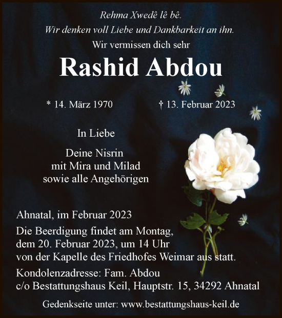 Todesanzeige von Rashid Abdou von HNA