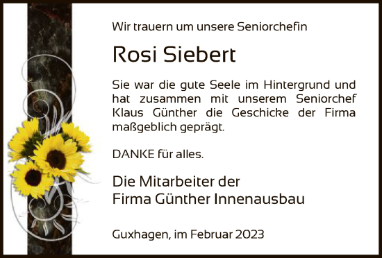 Todesanzeige von Rosi Siebert von HNA