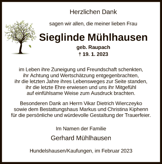 Todesanzeige von Sieglinde Mühlhausen von HNA