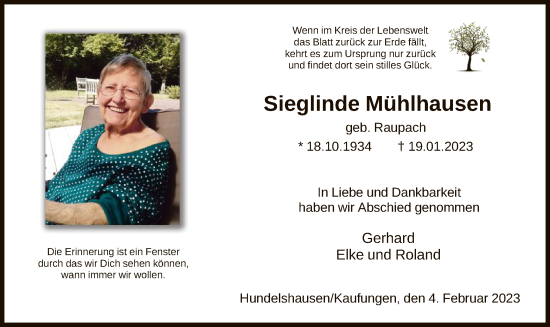 Todesanzeige von Sieglinde Mühlhausen von HNA