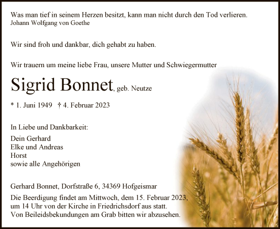 Todesanzeige von Sigrid Bonnet von HNA