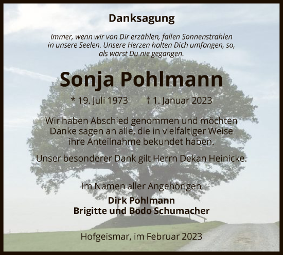 Todesanzeige von Sonja Pohlmann von HNA