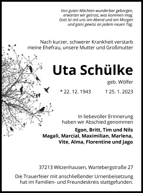 Todesanzeige von Uta Schülke von HNA