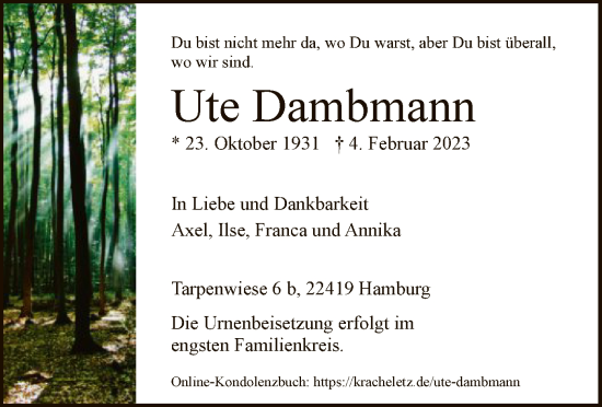 Todesanzeige von Ute Dambmann von HNA