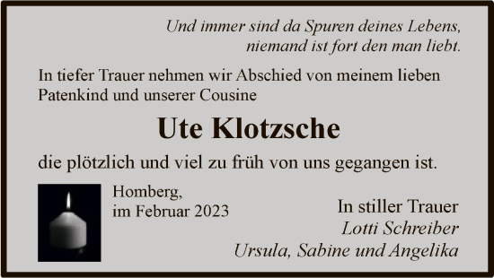 Todesanzeige von Ute Klotzsche von HNA