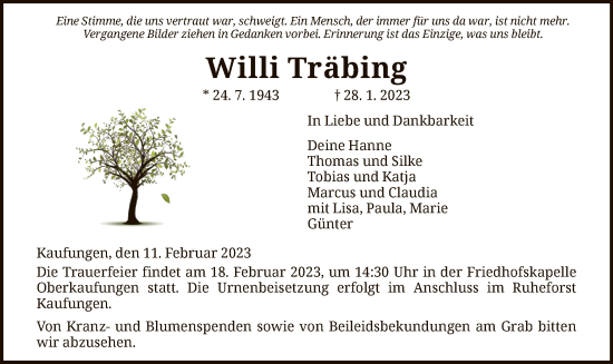 Todesanzeige von Willi Träbing von HNA