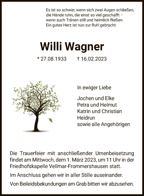 Todesanzeige von Willi Wagner von HNA