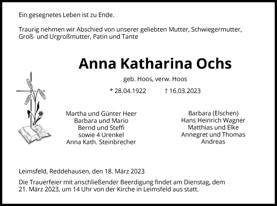 Todesanzeige von Anna Katharina Ochs von HNA