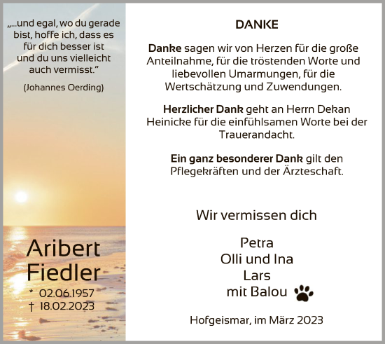 Todesanzeige von Aribert Fiedler von HNA