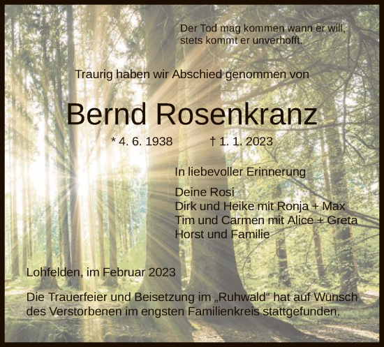 Todesanzeige von Bernd Rosenkranz von HNA