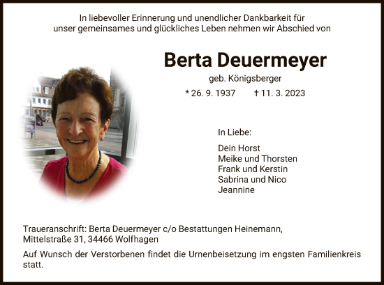 Todesanzeige von Berta Deuermeyer von HNA