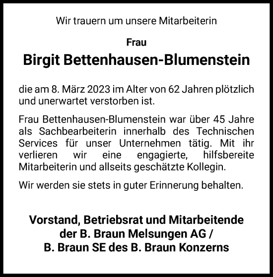 Todesanzeige von Birgit Bettenhausen-Blumenstein von HNA