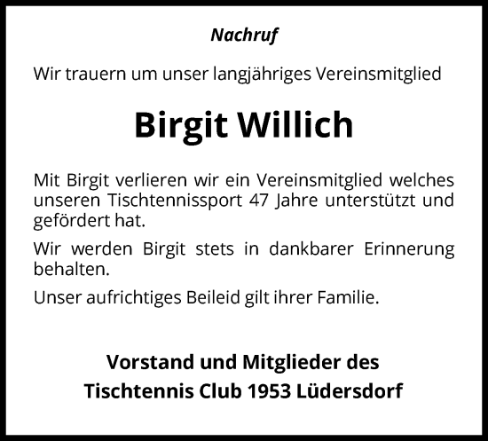 Todesanzeige von Birgit Willich von HNA
