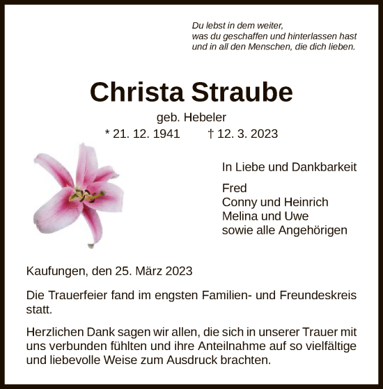 Todesanzeige von Christa Straube von HNA