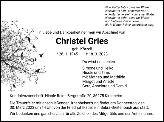 Todesanzeige von Christel Gries von HNA