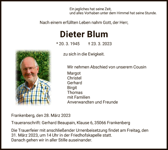 Todesanzeige von Dieter Blum von HNA