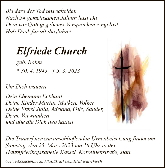 Todesanzeige von Elfriede Church von HNA