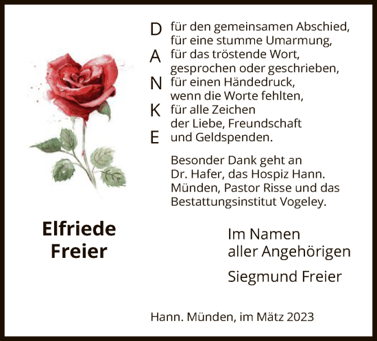 Todesanzeige von Elfriede Freier von HNA