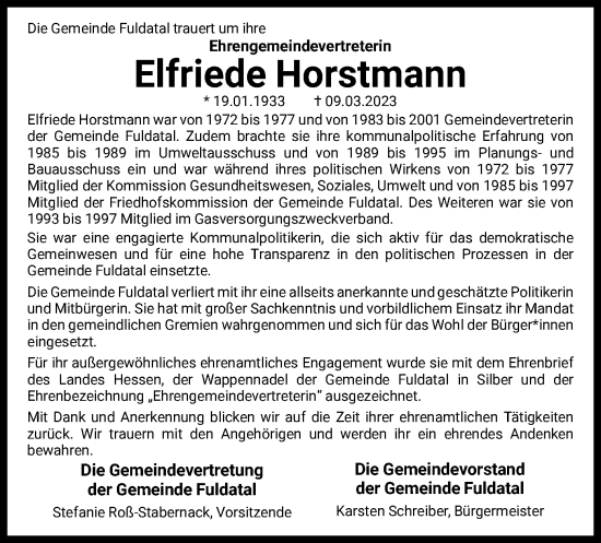 Todesanzeige von Elfriede Horstmann von HNA