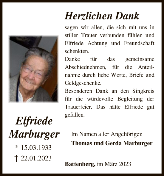 Todesanzeige von Elfriede Marburger von HNA