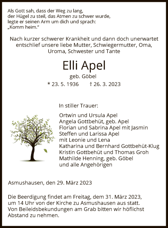 Todesanzeige von Elli Apel von HNA