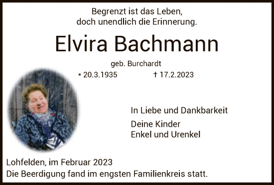 Todesanzeige von Elvira Bachmann von HNA
