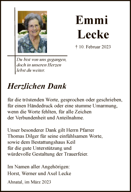 Todesanzeige von Emmi Lecke von HNA