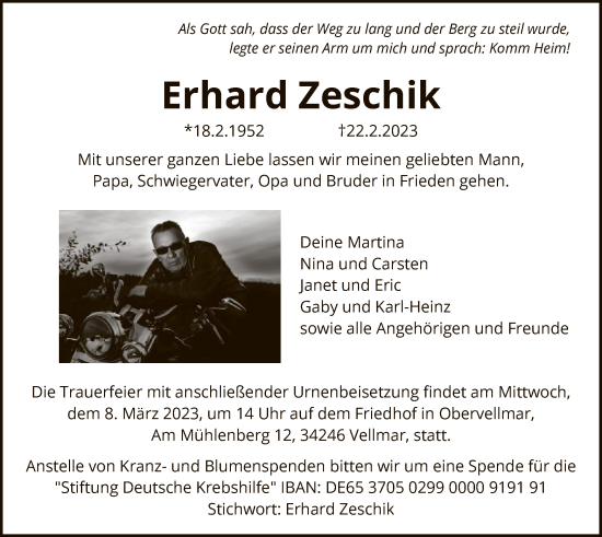Todesanzeige von Erhard Zeschik von HNA