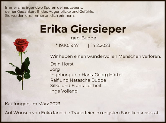 Todesanzeige von Erika Giersieper von HNA